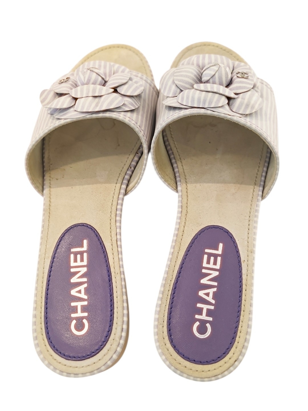 Chanel Viloet stripe Lambskin Leather Camellia Slide - Picture 5 of 11